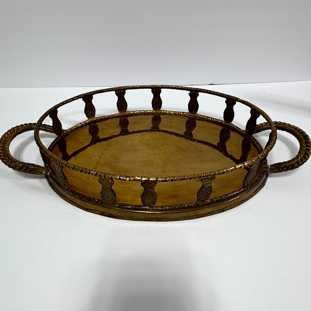 Vintage MCM Regency Brass Pineapple & Bamboo Rail Oval Vanity Serving Tray